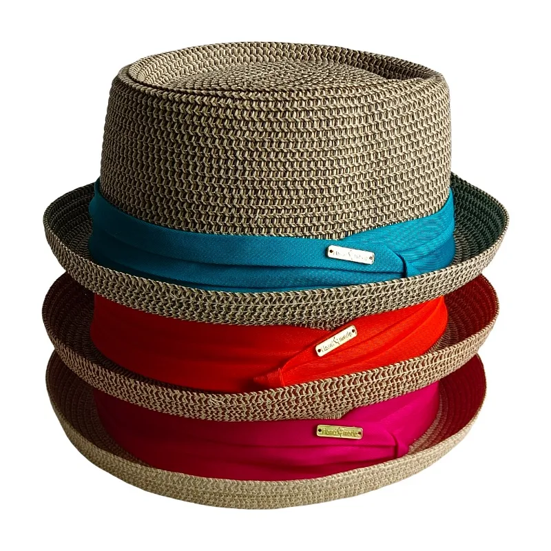 Men's Pork Pie Hat Tri-fold webbing Cap Vintage British Trilby straw hat Fedora Breathable Beach Sun Hat Handwoven Straw Panama