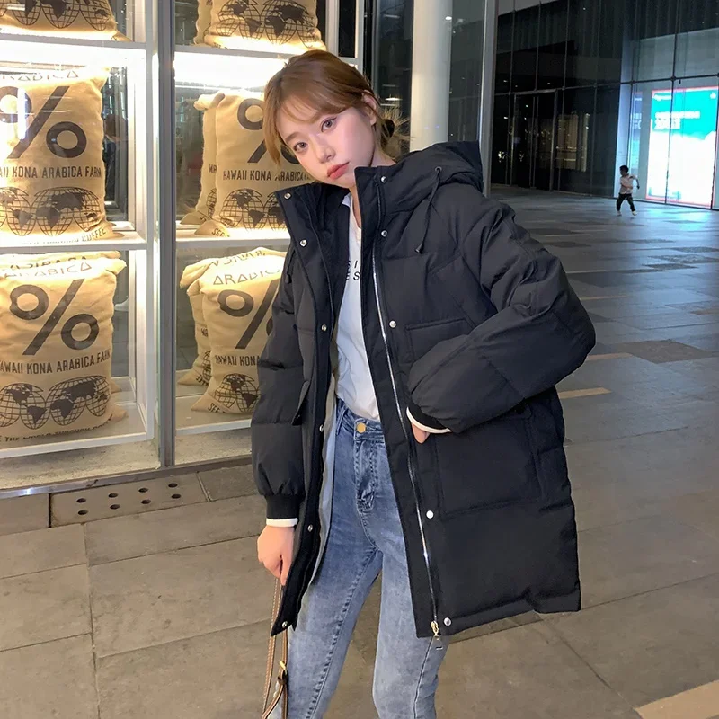 Winter Solid Women Warm Hooded Puffer Coat Casual Loose Zipper Down Cotton Parkas for Female Loose Outwear Cotton Padded Jacket