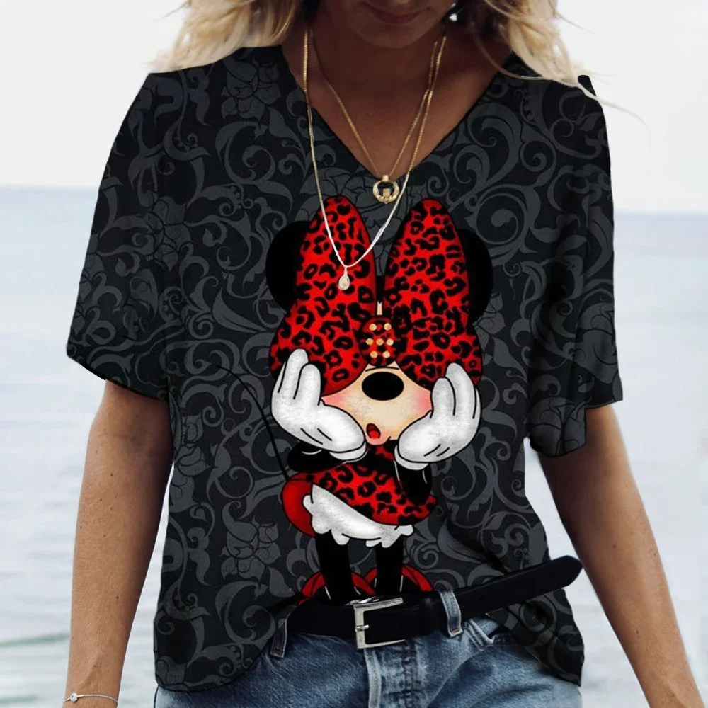 نمط جديد المرأة الصيف ديزني ميكي ماوس طباعة تي شيرت Y2k بلايز للسيدات الخامس الرقبة قصيرة الأكمام البلوز الشارع الشهير تي شيرت