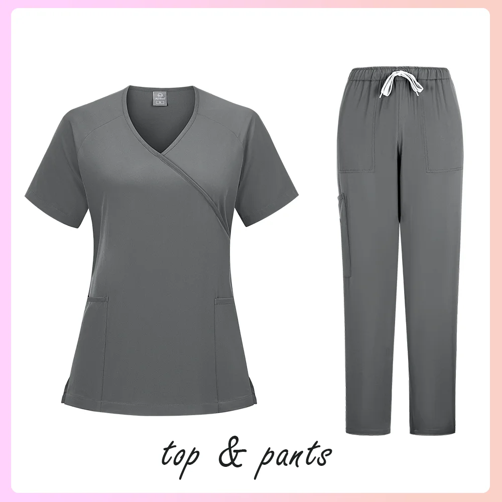 Nuovo Scrub Set Uniformi mediche Scrub elasticizzato Top con pantaloni tascabili Uniforme da infermiera Tuta da medico per chirurgia Abbigliamento da lavoro per salone di bellezza