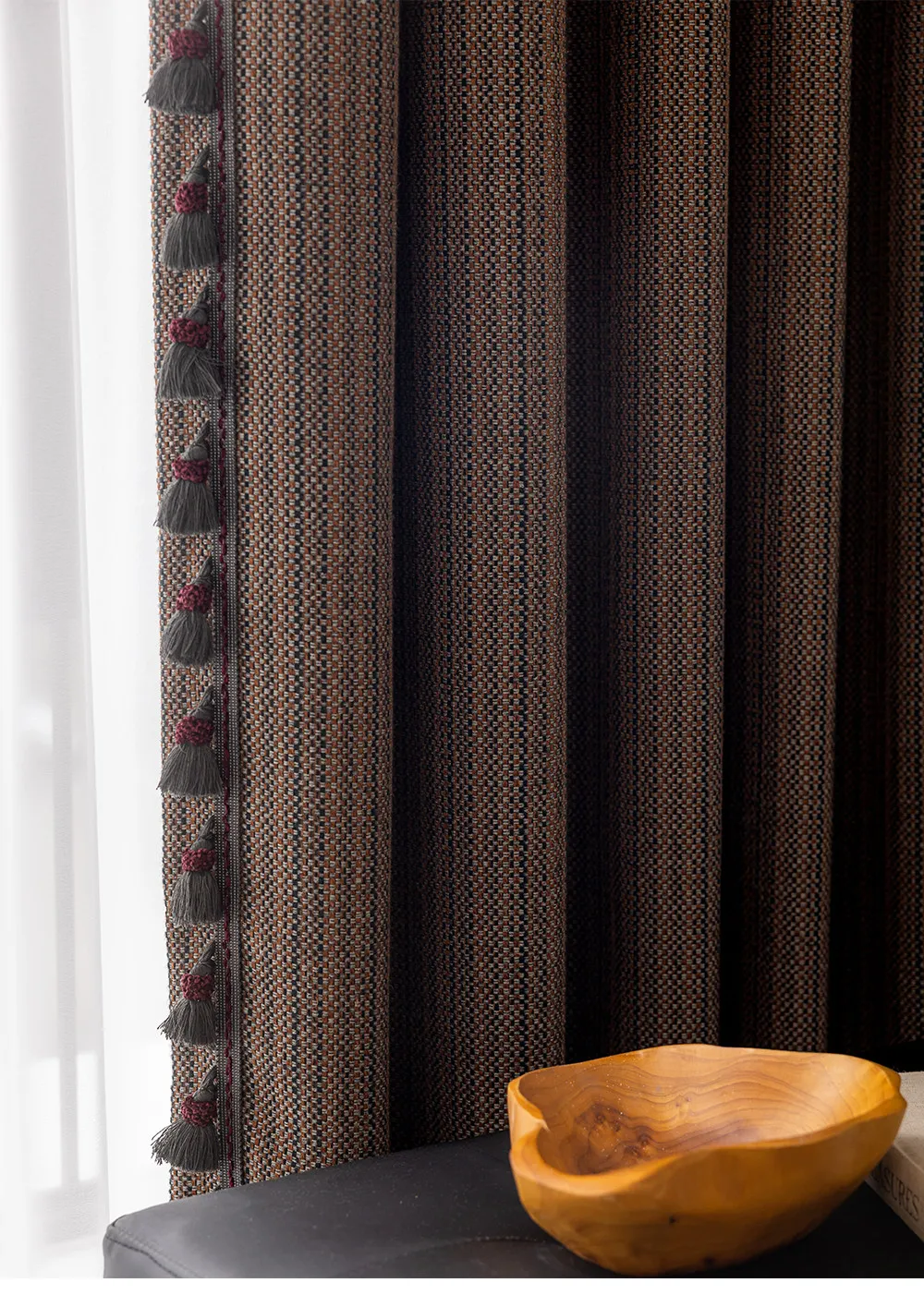 Thickened Maillard caramel medium and antique blackout yarn-dyed curtains, French American living room, bedroom high sense