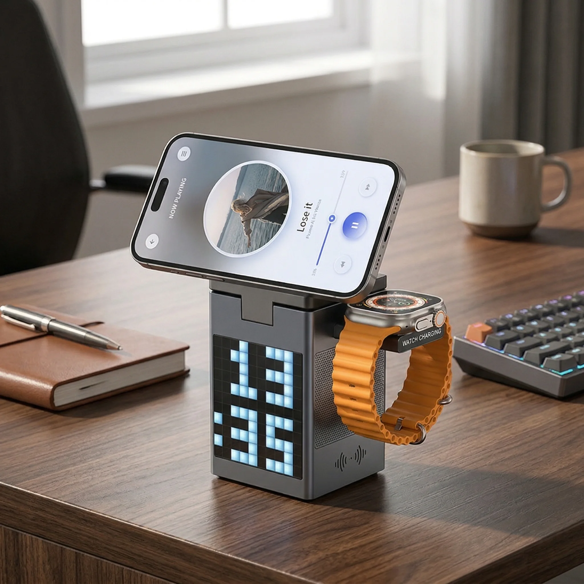 

Магнитная беспроводная зарядная станция 6-в-1 для устройств Apple — быстрая зарядка 15 Вт с Bluetooth-колонкой, цифровыми часами и дисплеем Pixel