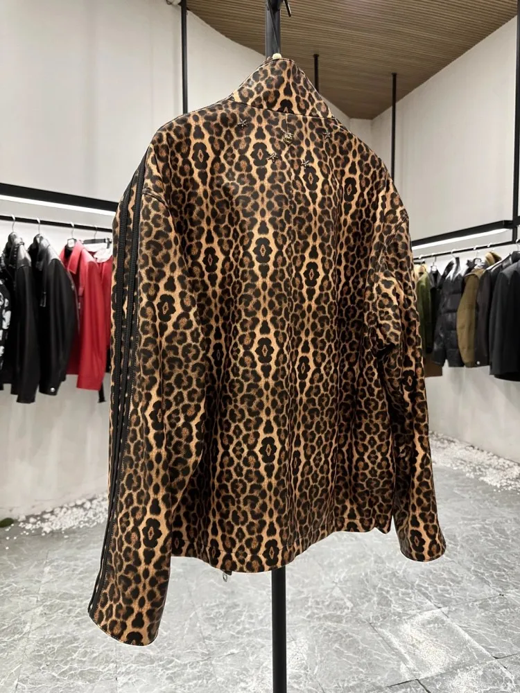 High Quality Sheepskin Genuine Leather Jacket Men Stand Collar New Design Chinese Style Casual Luxury Leopard Print Coat Male