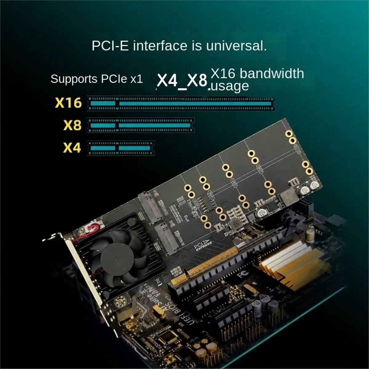 PCIe 3.0 X8 to M.2 NVMe SSD Expansion Card Quad 4-Bay with Cooling Fan PLX8747 Chip, Main Board Split-Free