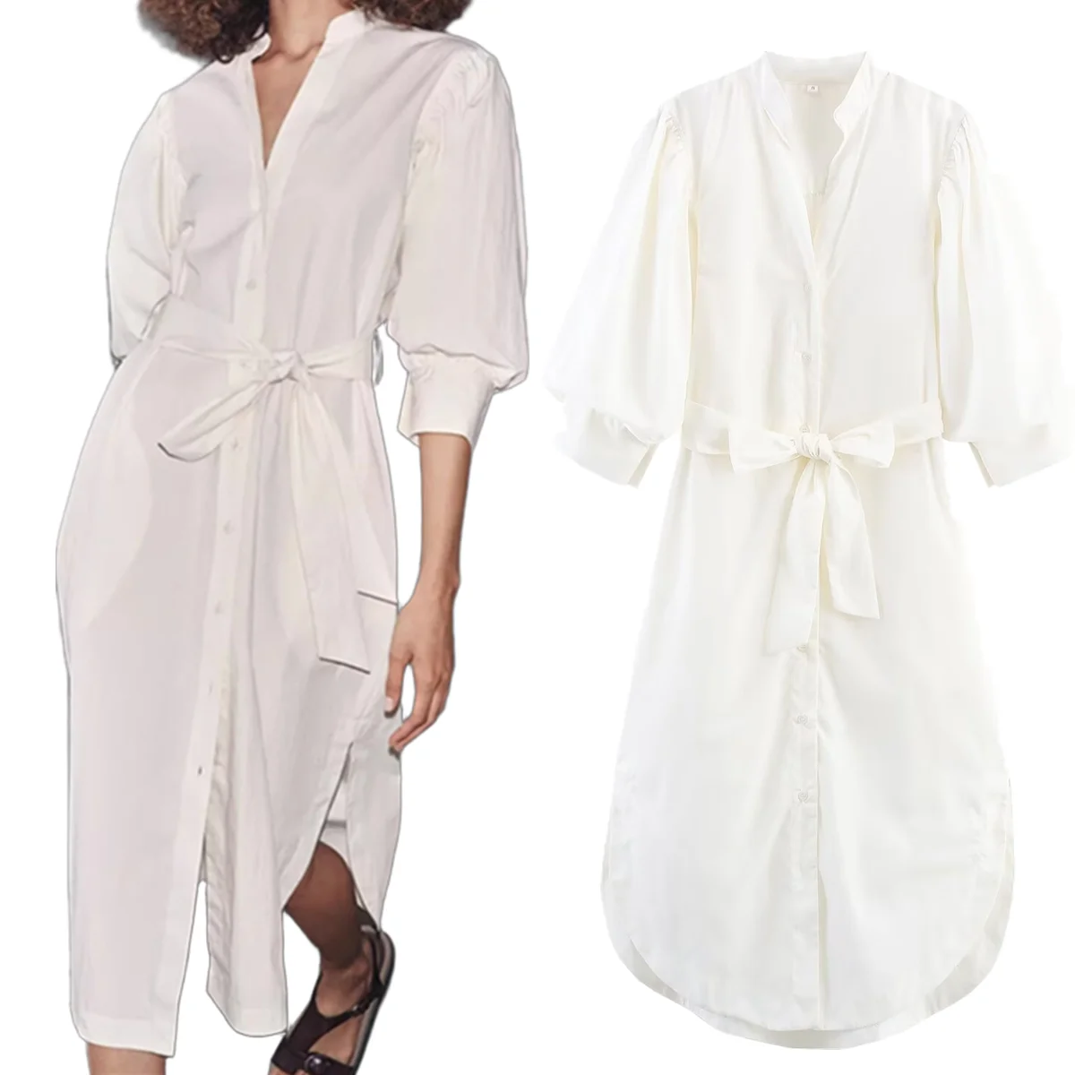 

Maxdutti Nordic Minimalist Off-white Cotton Shirt Dress Women Fashionable Puff Sleeve Commuting Casual Midi Dress With Belt