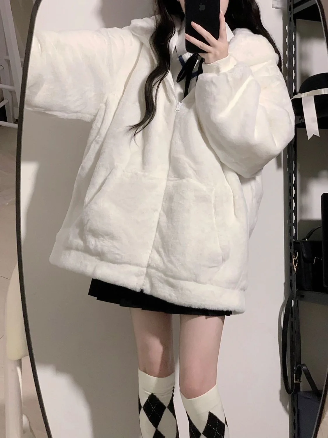 Winter White Thick Warm Hoodies Women Hooded Japan Korean Fashion Kawaii Baggy Zip-Up Hoodie Jacket Coats Y2k Streetwear