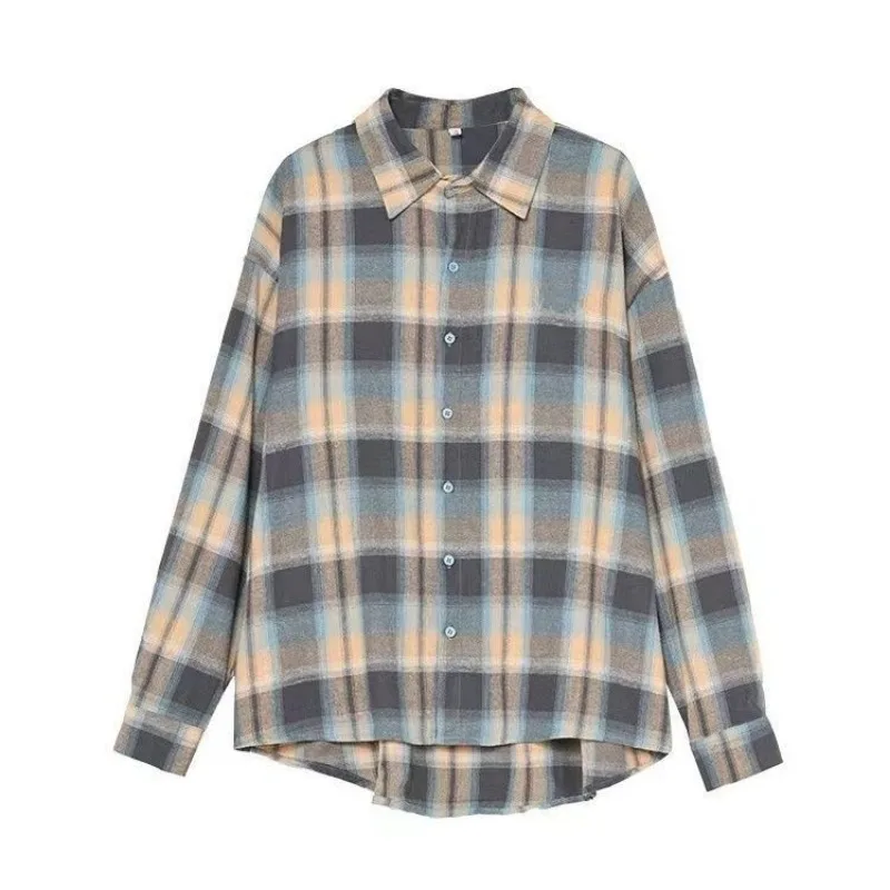 New Blue Checked Shirt Jacket for Women Loose Casual Slim Mid-length Shirt with Cardigan