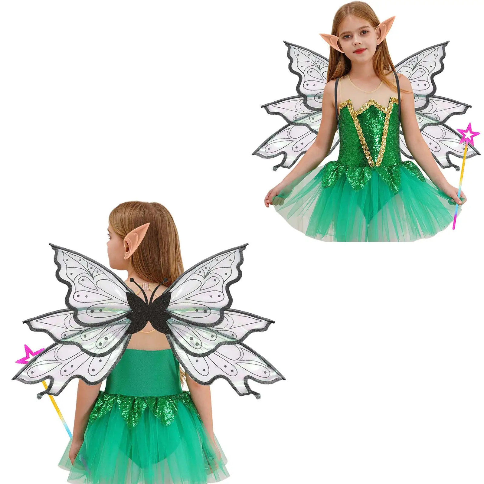 1Set Fee Vleugels voor VolwassenenMeisjes Fee Kostuum met Bloemenkrans Haar Klatergoud Wand Elf Oren Vlindervleugels Cosplay Accessoires