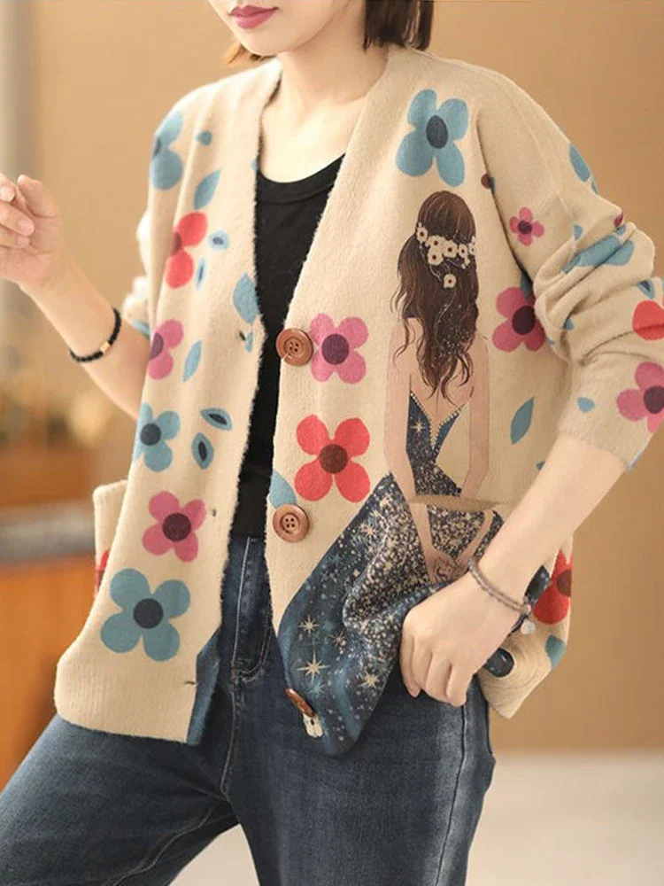 Max LuLu 2024 Spring Females Luxury Cardigans Womens Fashion Warm Floral Sweaters Ladies Classic Casual Cartoon V Neck Knitwear