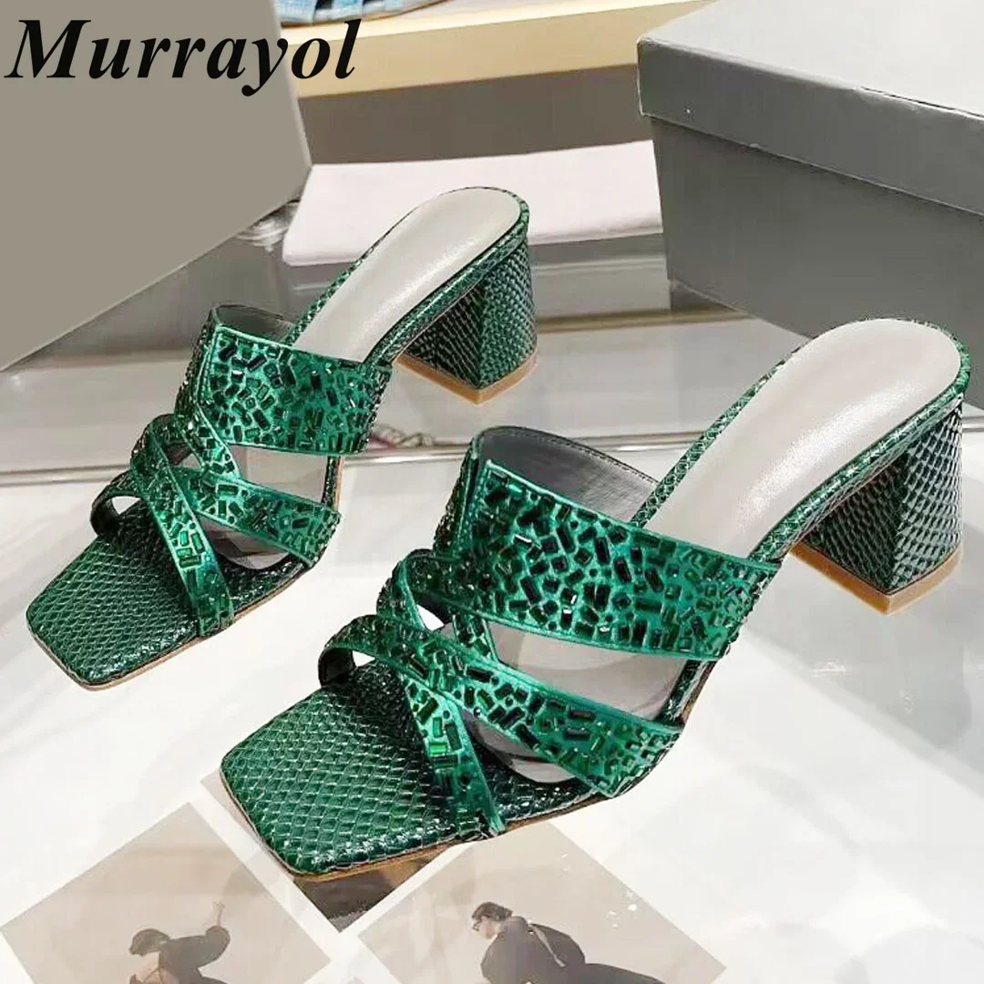 Square Toe Genuine Leather Bling Rhinestone Decor Sandals Women Weaving Design Chunky High Heels Slippers Summer Dress Shoes