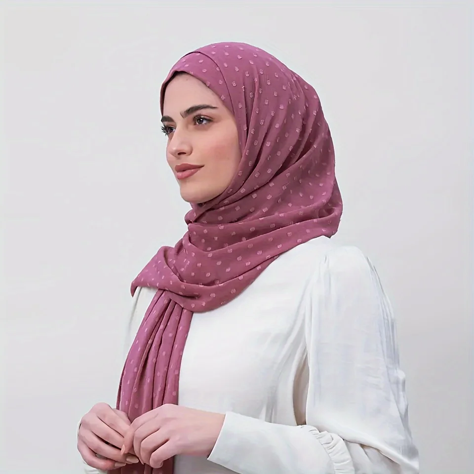 1pc Solid Color Muslim Chiffon Scarf Pom Pom Trim Shawl Simple Style Basic Windproof Sunscreen Hijab For Women