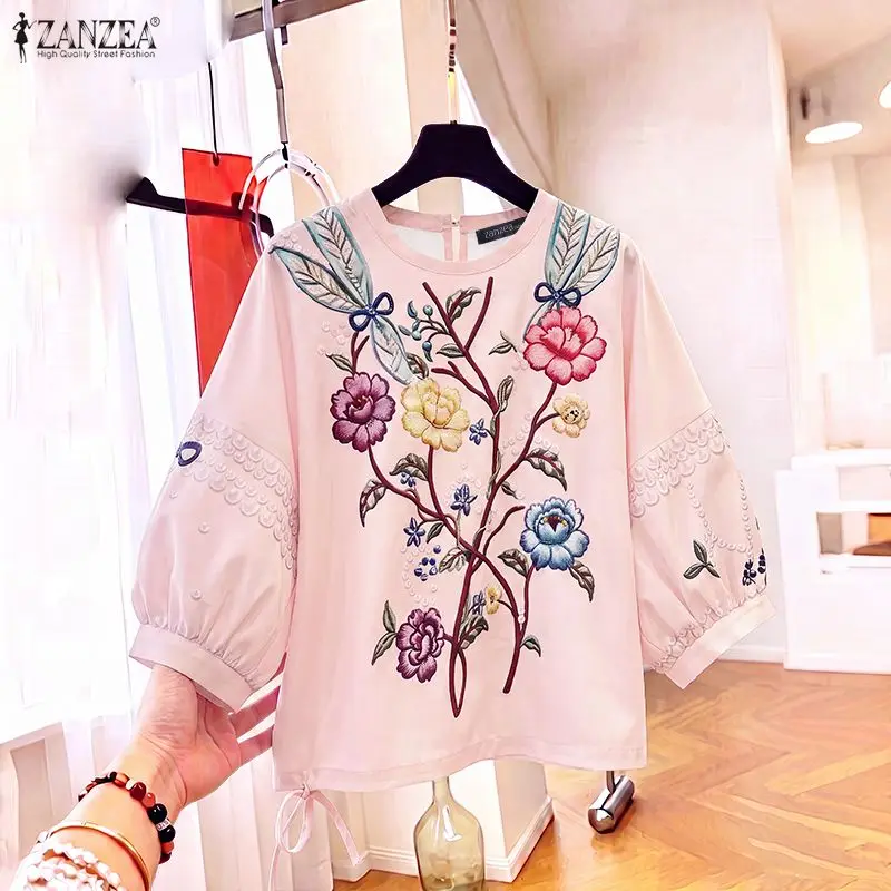 ZANZEA Women Blouse 3/4 Lantern Sleeve Drawstring Hem Elegant Korean Style Vintage Floral Print Round Neck Autumn Casual Shirt