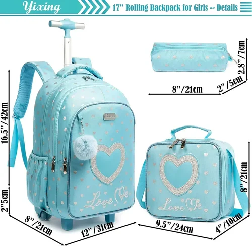 Imagen 2 del producto Mochila con Ruedas para Niños, Set con Lonchera, Mochila Escolar con Ruedas, Mochila Escolar Tipo Trolley para Niñas