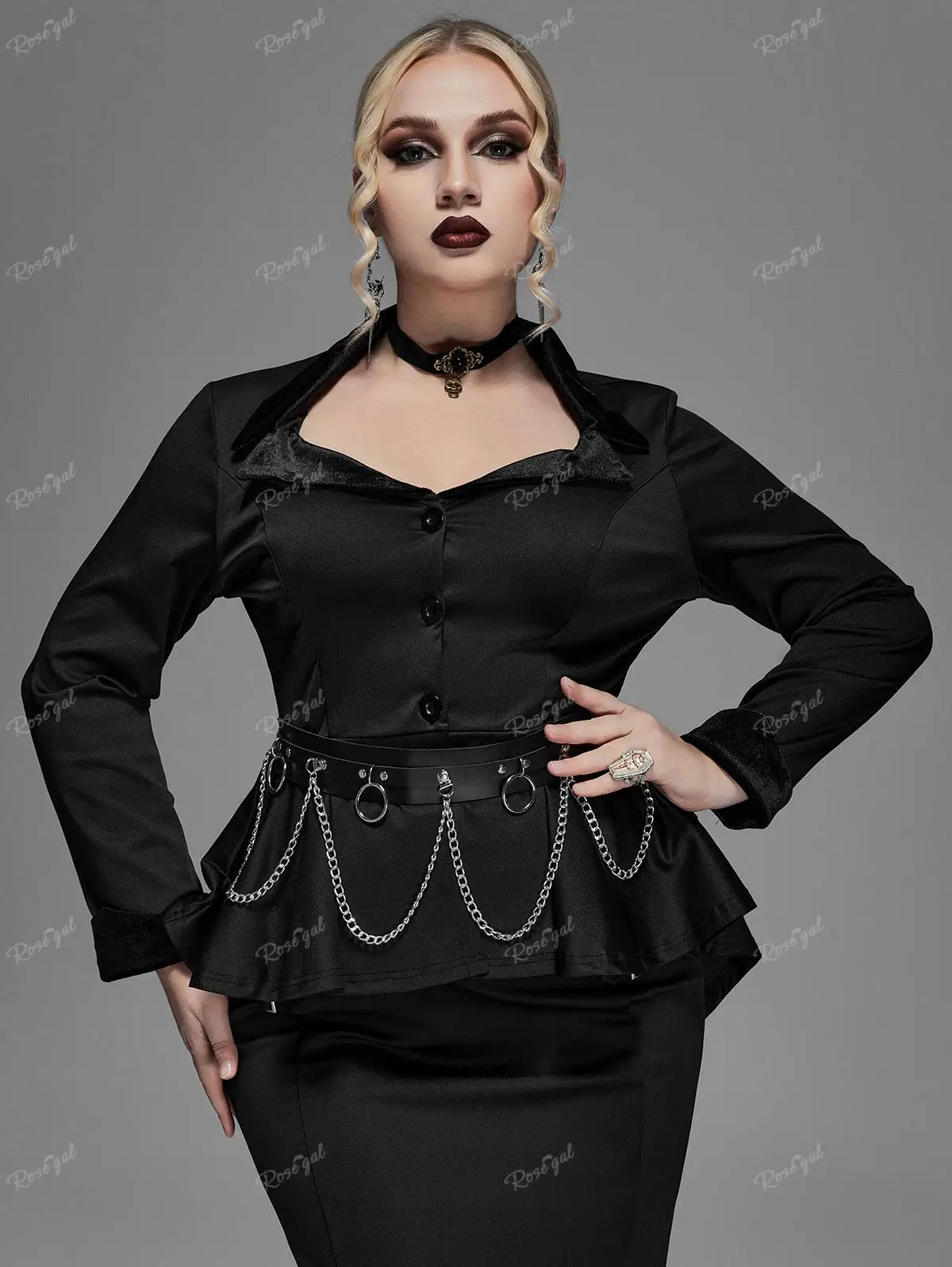 ﻿ROSEGAL Plus Size Gothic T-Shirt Lapel Collar Buttons High Low Ruffles Blouses Women Spring Autumn Long Sleeve Solid Black Tops