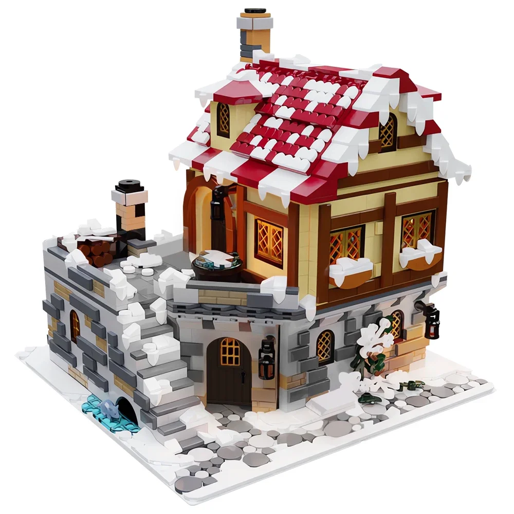 MOC Christmas Winter Architecture Street View Market Building Blocks Snow House Alpine Lodge Bricks Winter Grocer Toy Xmas Gift