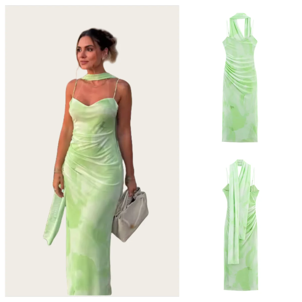 2025 الصيف المرأة الضوء الأخضر الخامس الرقبة مطوي فستان الحمالات شاطئ البحر عطلة مزاجه ضئيلة تنورة طويلة ملابس جديدة