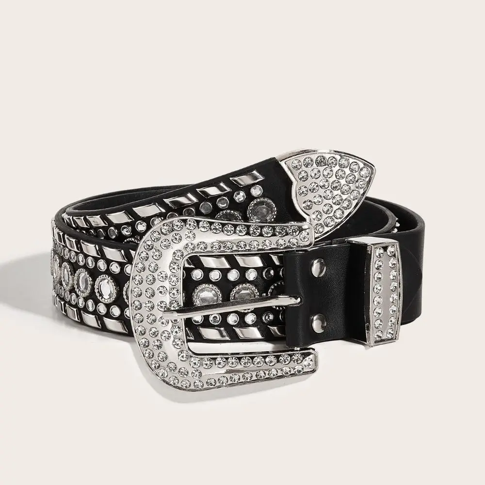 

Cool Metal Buckle Rivet Crystal Waistband Korean Style Punk Y2k Rhinestone Belt Waistband Wide Leather Diamond Belt Women