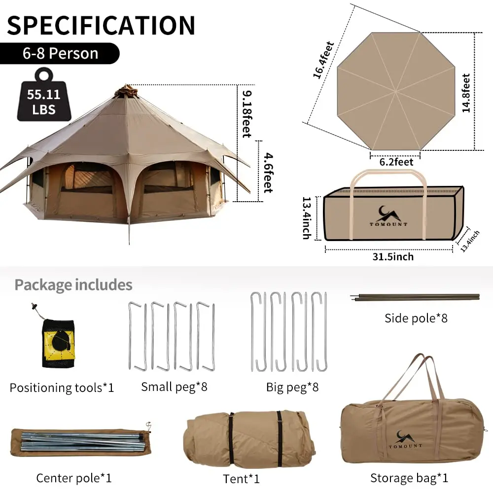 Canvas Tent Bell Tent 16.4ft*High9.2ft with Stove Jack for Glamping Family Camping Zipped Removable Floor