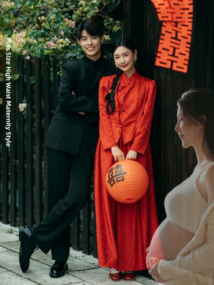 

Pregnant Bride High Waist Red Qipao Wedding Dr Evening Dinner Par Celebration Long Sve Ele Materni Gown