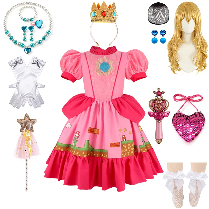 

Популярный игровой мультяшный костюм розовой принцессы Пич для девочек, нарядная одежда для Хэллоуина, косплея, дня рождения, карнавала, детский костюм