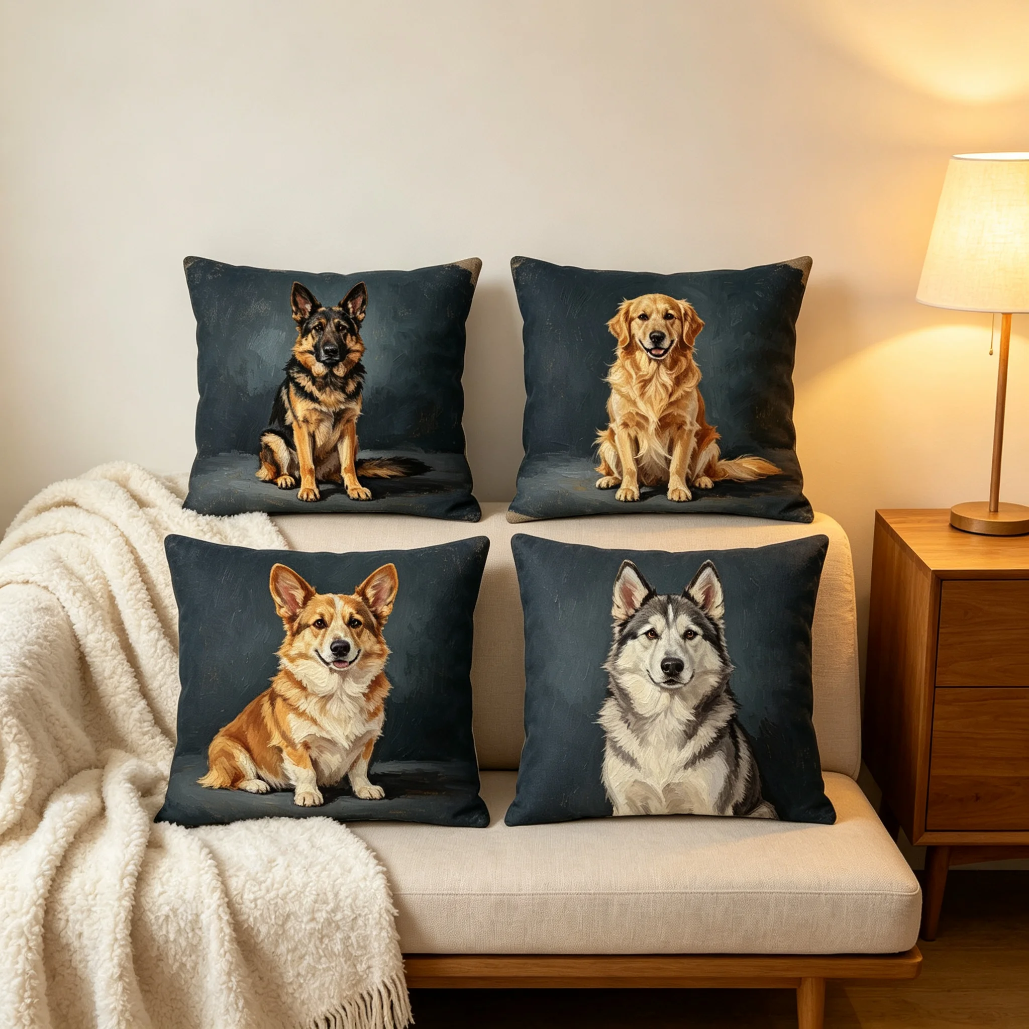 4Pcs Dog Throw Pillow Covers German Shepherd Golden Retriever Corgi Husky Pet Portrait Cushion Cases for Sofa Living Decor