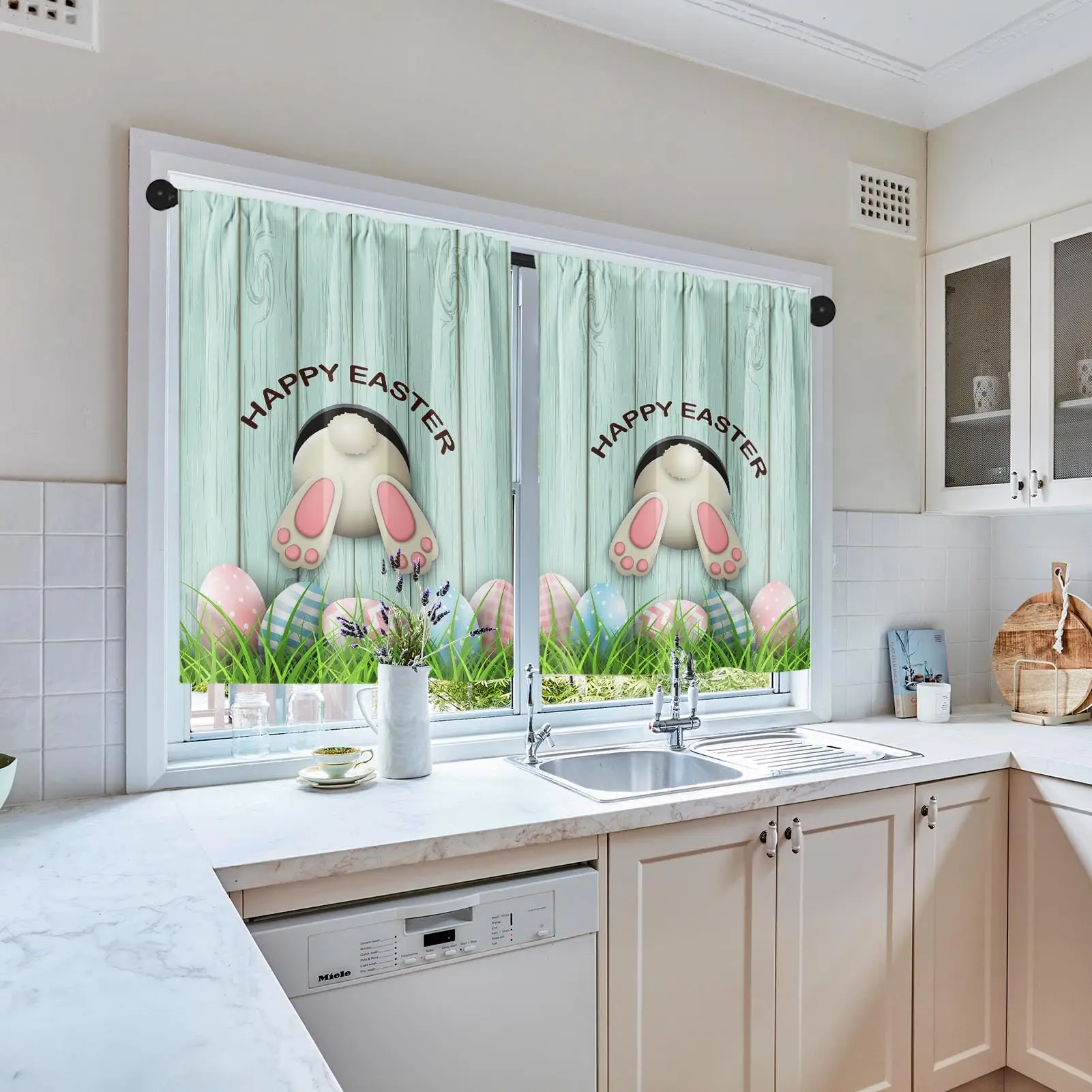 Easter Kitchen Curtains, Blue Wooden Rabbit Short Window Curtain , Window Treatment Tier Curtains for Over Sink Bathroom Decor