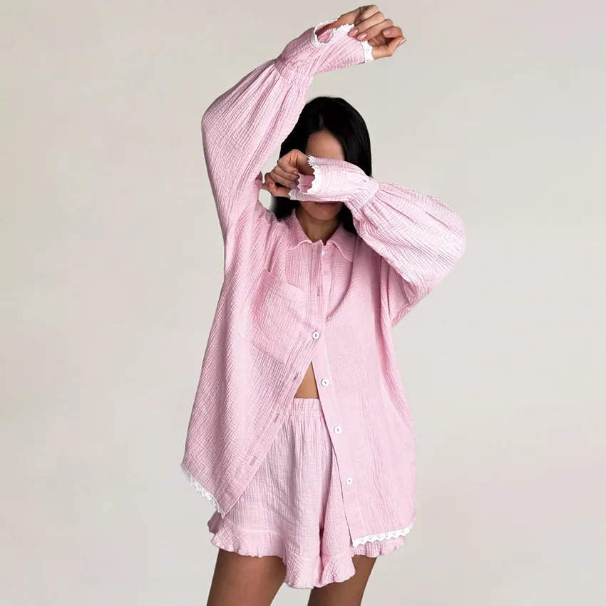 Autumn Pink Pure Cotton Sleepwear Women\'s 100% Cotton Pyjama Lace Cardigan Long-sleeved Shorts Pajamas Home Wears 2Pcs Nightwear