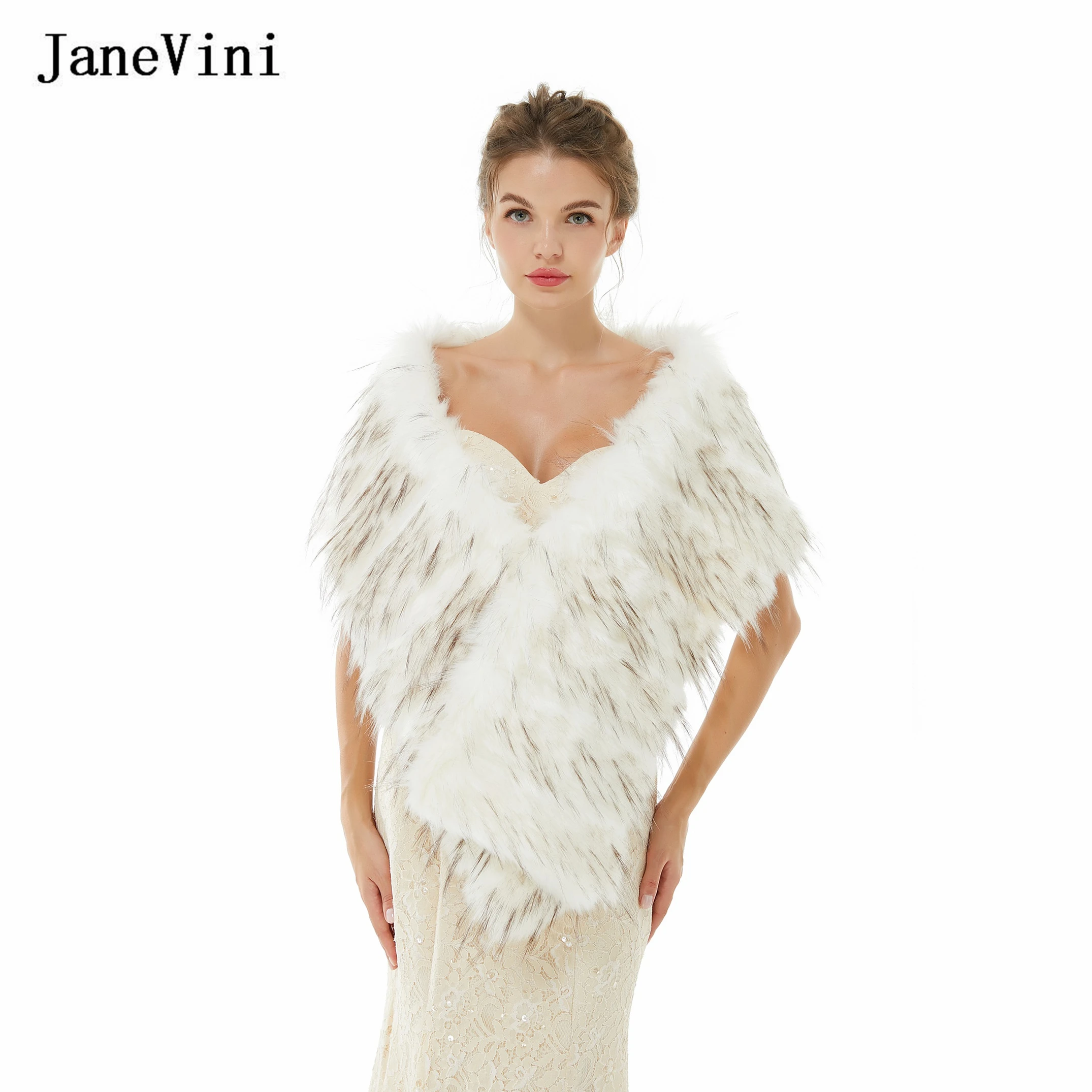 JaneVini moda Faux Fur Wedding szal Wrap Winter Warm kobiety Cape Bolero gruba panna młoda kurtka płaszcz odzież wierzchnia akcesoria dla nowożeńców