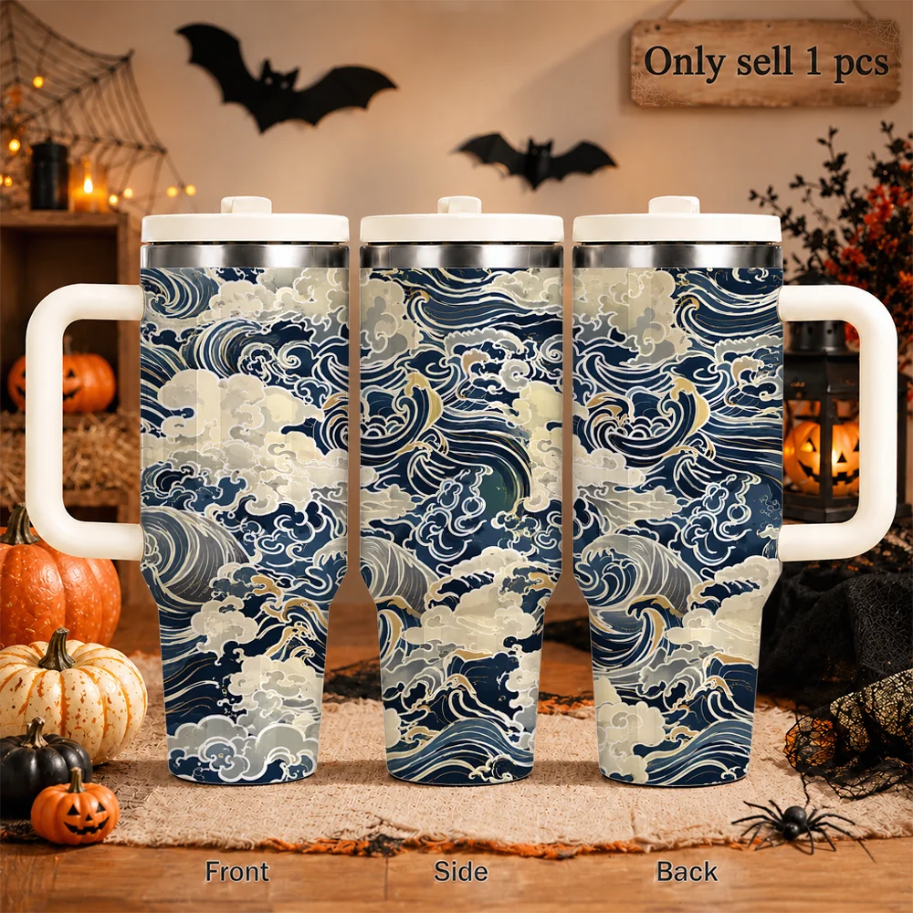 Vintage Oriental Sea Wave Vacuum Flasks 40oz Insulated Tumbler With Handle Straw Lid Leakproof Stainless Steel Travel Cup