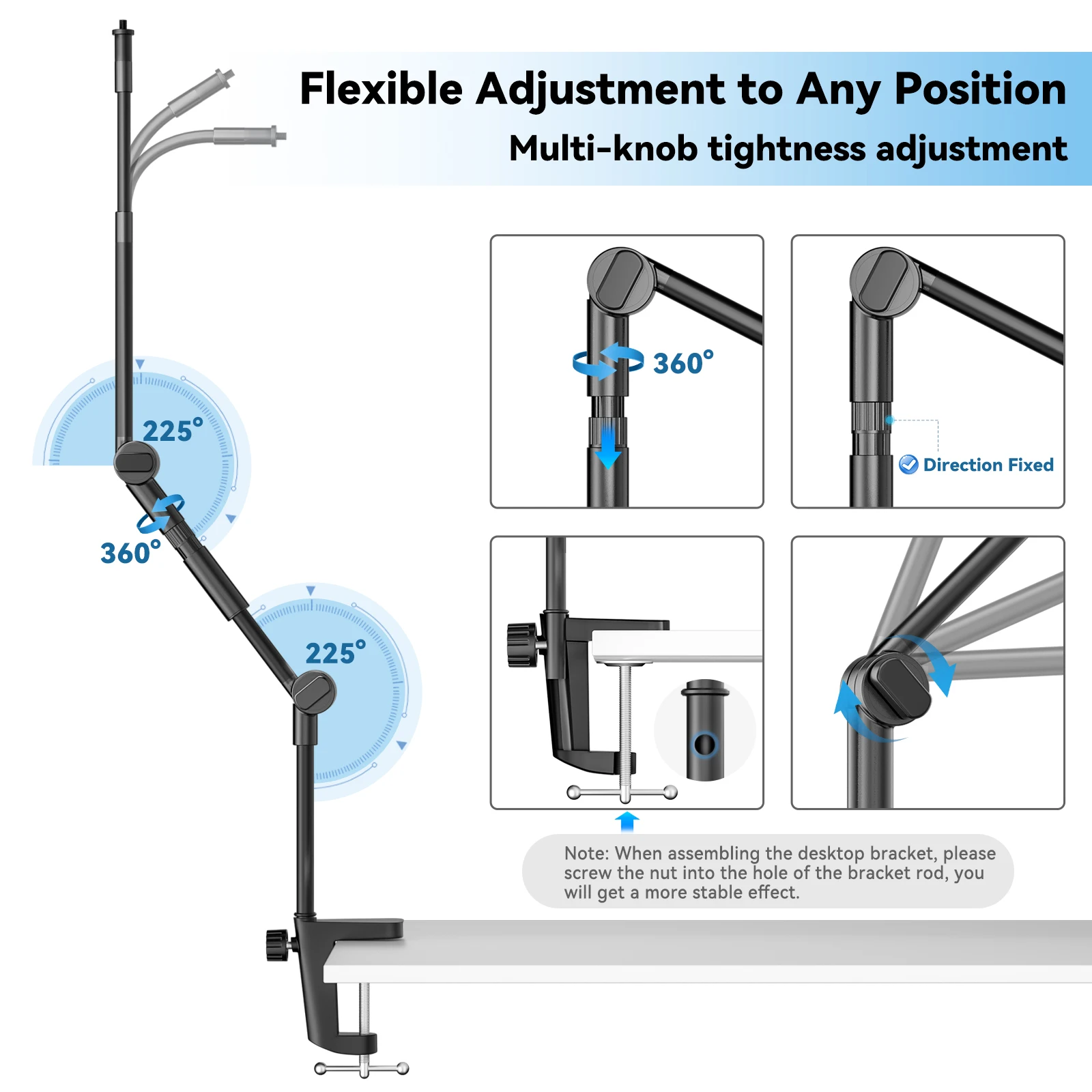 For Desktop Microphone Stand with Phone Holder 2 in 1 Adjustable Mic Stand Desk with Pop Filter & Shock Mount & Microphone Clip