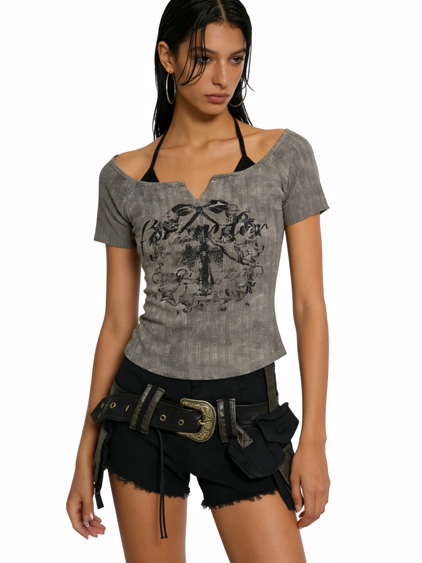 

Женский летний комплект из двух предметов: футболка с коротким рукавом и азиатским принтом в американском ретро-стиле, облегающий топ для отпуска