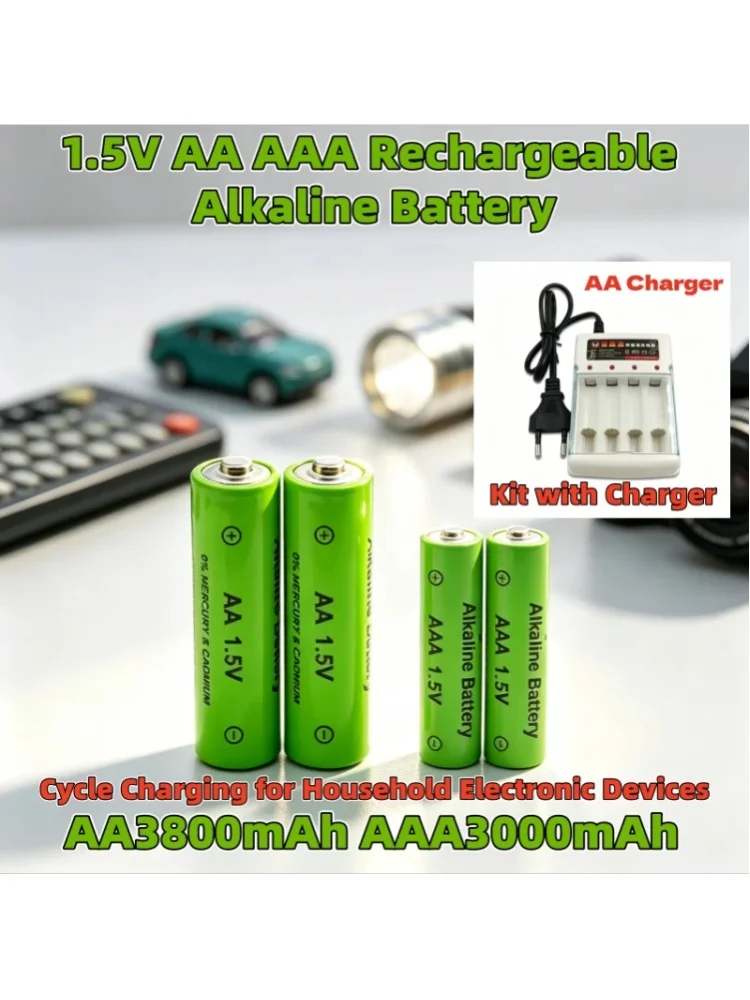 1,5V AA AAA Wiederaufladbares Alkalibatterie-Set AA3800mAh AAA3000mAh mit 4-Slot-Ladegerät mit EU-Stecker für Fernbedienung, Taschenlampe, Kamera, Spielzeug