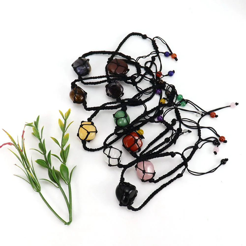 

10pcs Natural Raw Stone Black Woven Net Bag Pocket Bracelets Braided Rope Pink Quartz Amethysts Chakra Crystal Yoga Gift Women