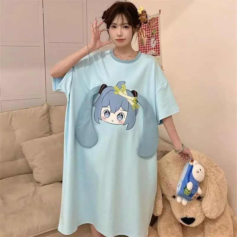 Hatsune Miku nightgown girl new summer pure cotton short-sleeved miku large size cartoon mid-length skirt student home wear gift