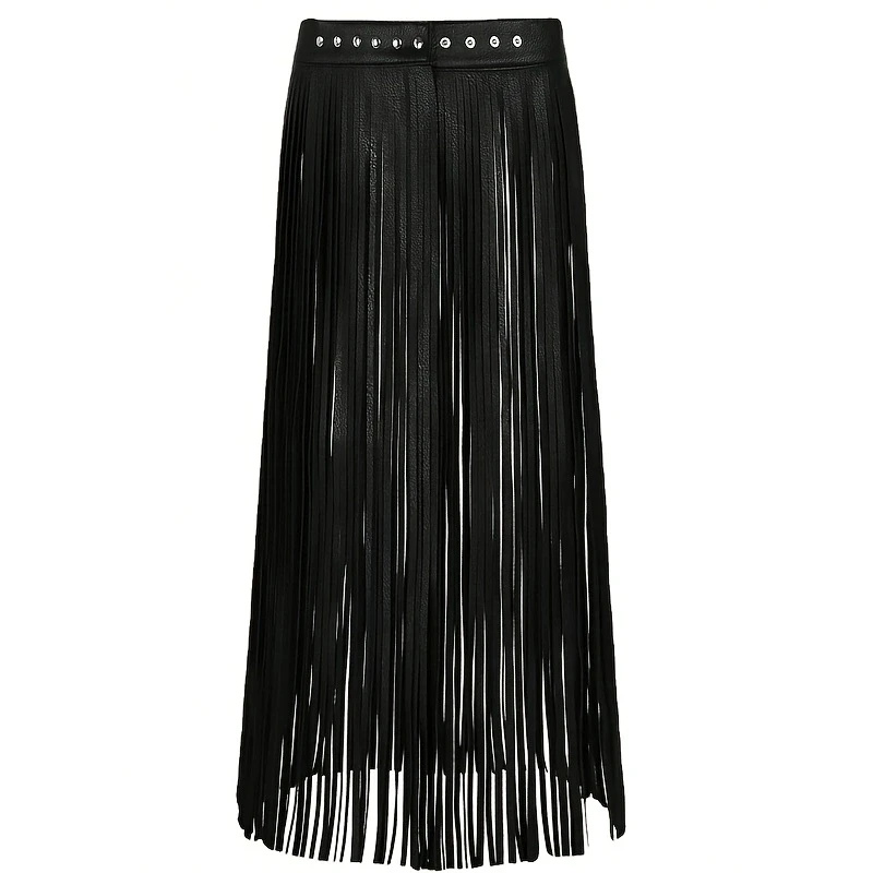 Saia longa estilo gótico com borla, meia saia para mulheres, cinto ajustável, saia de couro pu, adequada para festas noturnas, praias