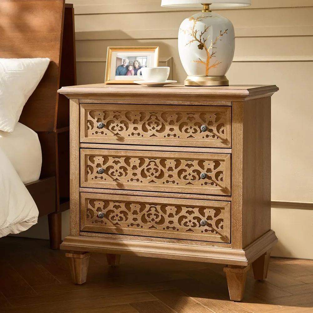 

solid wood nightstand with adjustable legs and 3 drawers, floral carved handle, modern bedroom side table