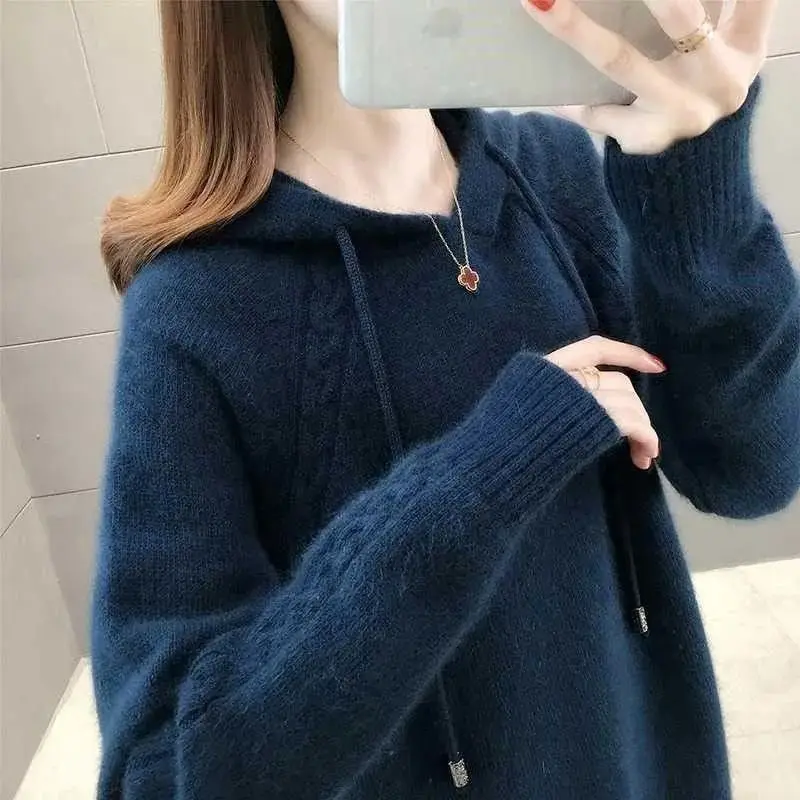 Autumn Winter New Fashion Hooded Solid Color Long Sleeve Pullovers Women\'s Clothing Korean Simplicity Youth Knitting Warm Tops