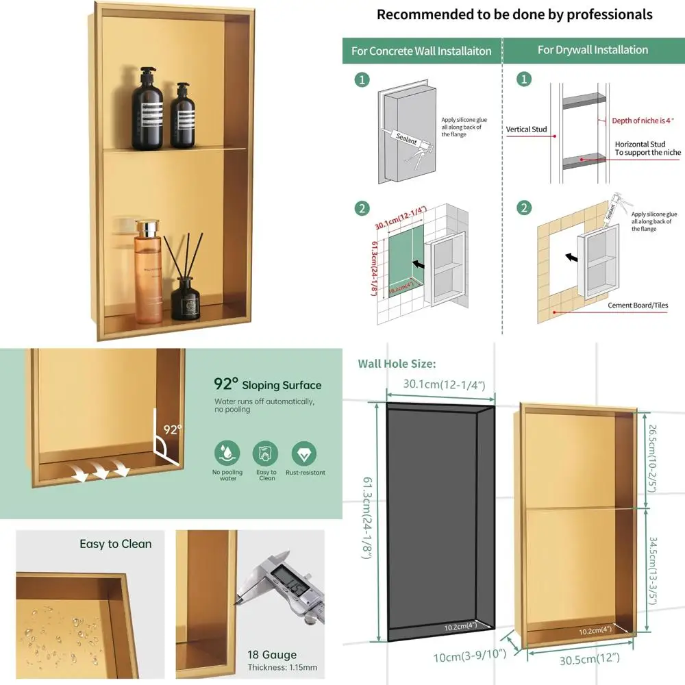 

Stainless Steel Shower Niche with Brushed Gold Finish, No Tile Required, 12x24, Double Shelf Bathroom Wall Organizer