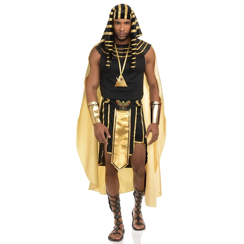 Men Egyptian Costume Set, 7 Pcs Golden Trim Tank Tops Skirt Arm Sleeves Headwear Necklace Halloween Cosplay Outfits