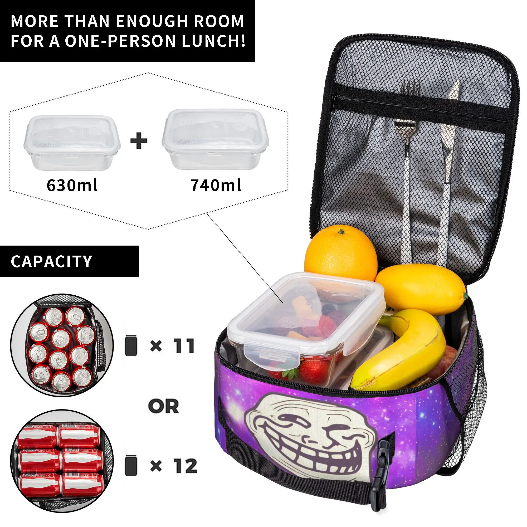 Space Troll Face Meme Funny Tote Insulated Lunch Bag Comic Humor Carry Food Bags Reusable Cooler Thermal Travel Washable Bento