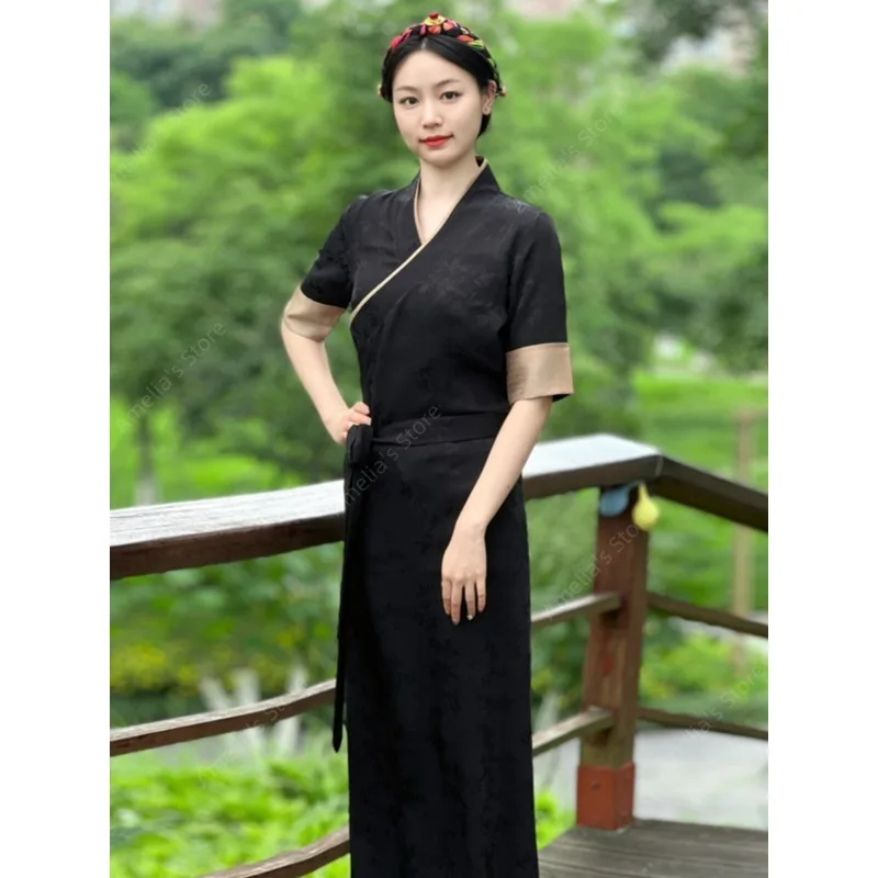 Women's Summer Tibetan Dress Short Sleeve Lhasa Style Wrap Maxi Dress
