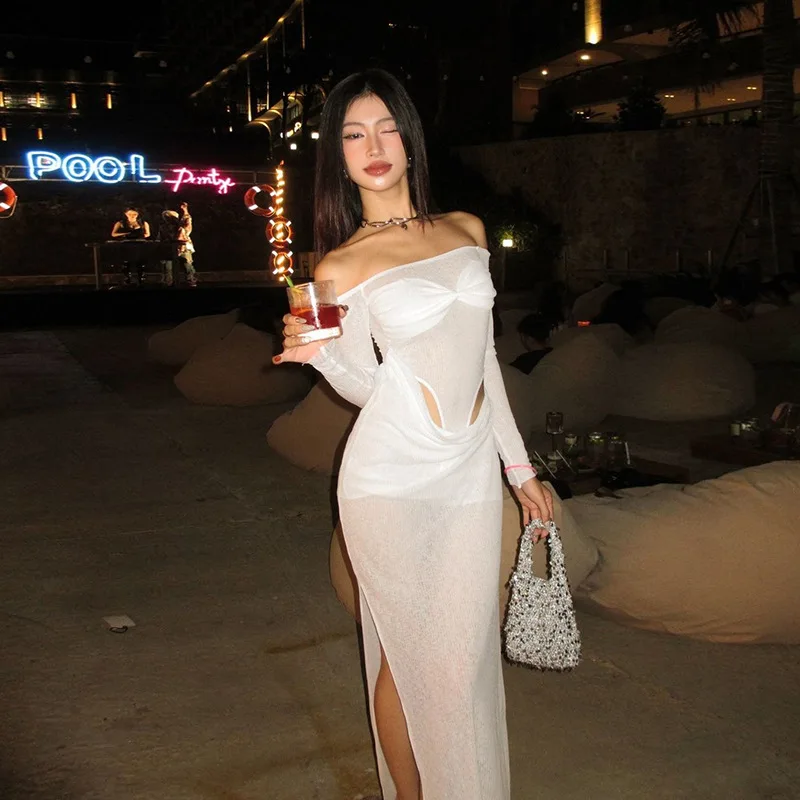 

Summer White Sexy See Through Split Long Dresses Club Outfits Women 2024 Off Shoulder Hollow Out Cocktail Party Vestidos