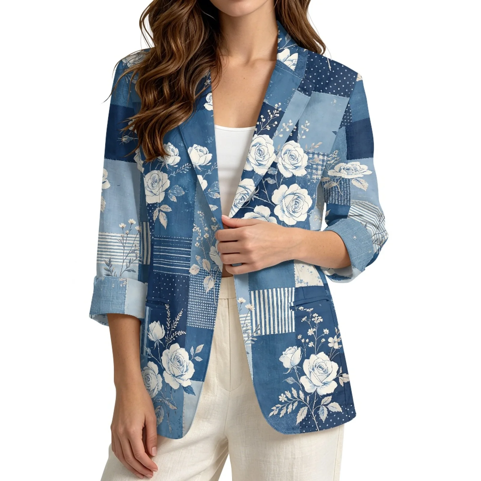 PENSTROLL Blue Rose Patchwork Linen Style Thin Coat Open Front Jacket for Women Loose Beach Coverups