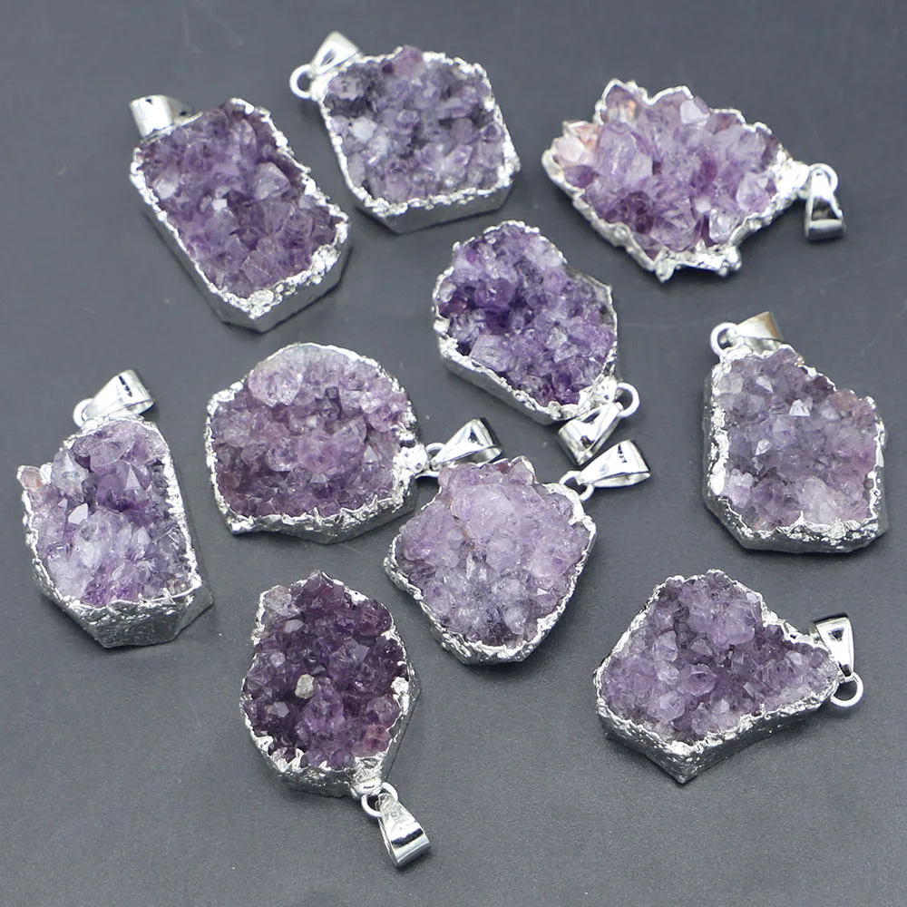 

10Pcs Drusy Druzy Natural Stone Random Amethysts Pendants Femme Irregular Square Quartz Geode Cut Necklace Crystal Piont Healing