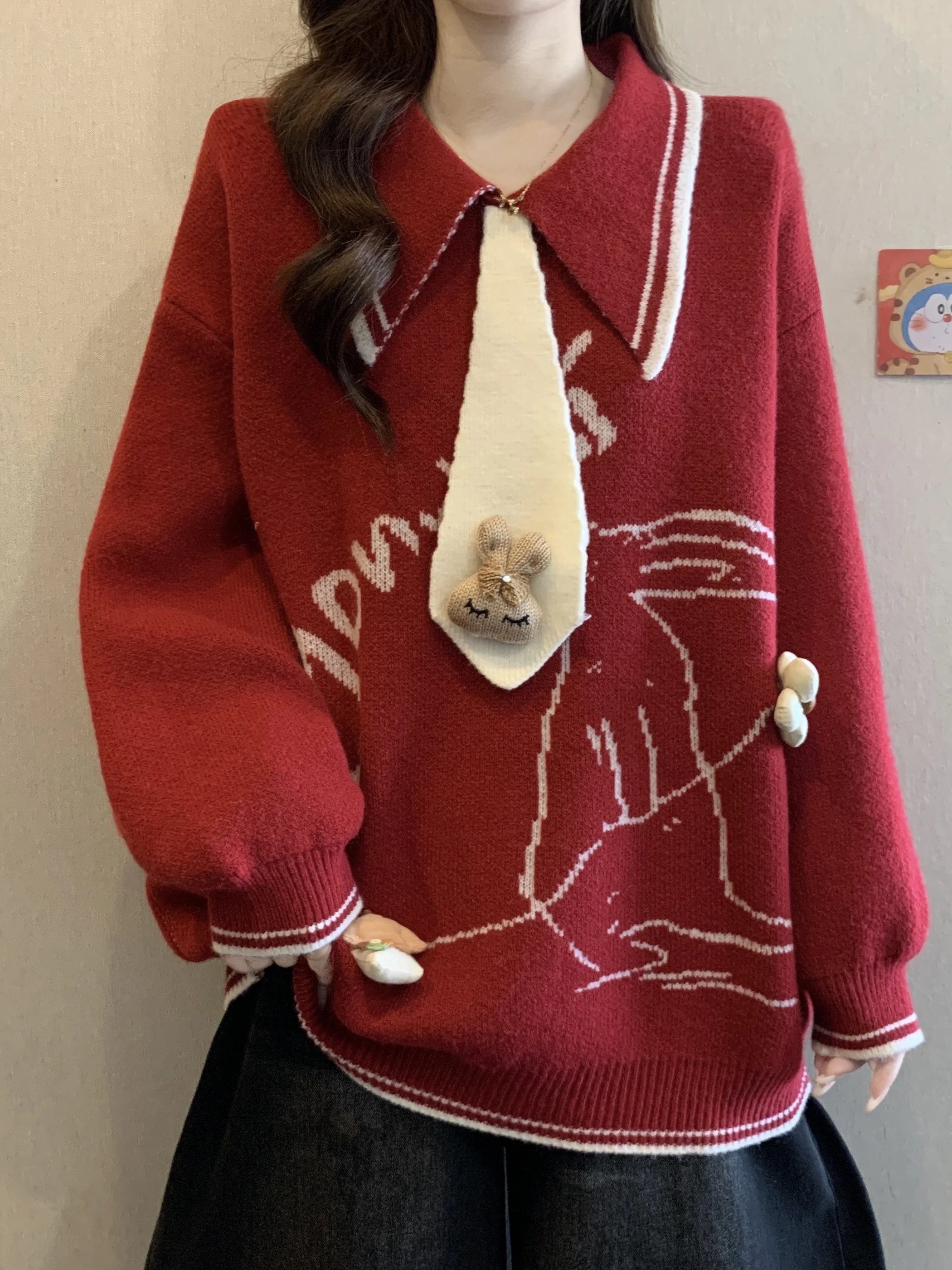 

Red Knitted Ne Sweater plus Size Loose Fit College Sle Winter Faion Women's Inner Wear Breathable Woolen Long Sve