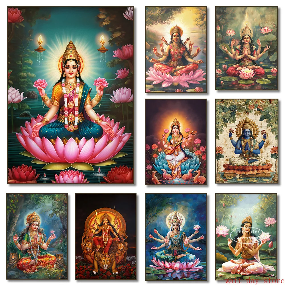 Hindu Lakshmi Religion Vintage Art Religion Lotus Meditation Canvas Painting Wall Spiritual Pictures Living Room Office Decor