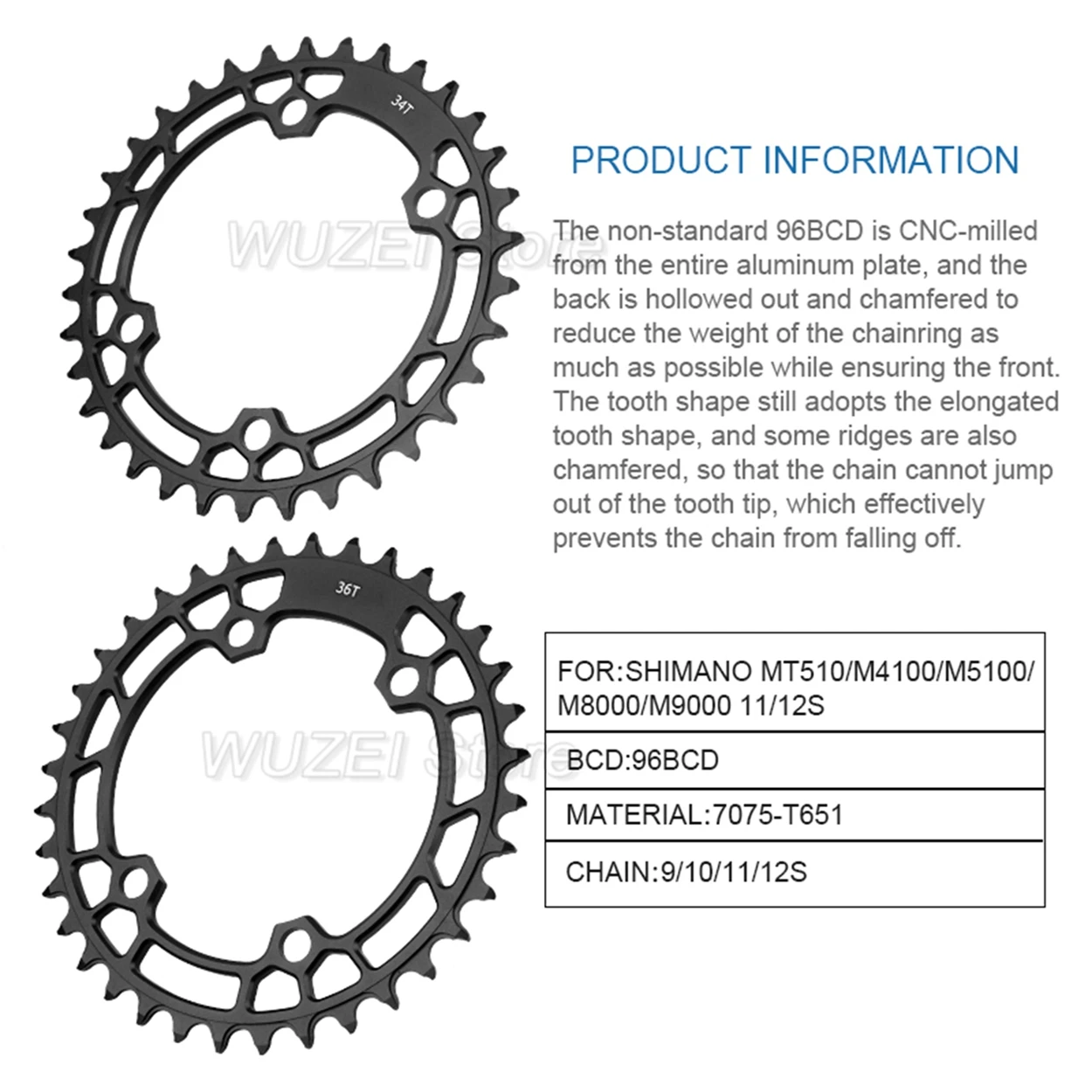 WUZEI MTB Bicycle Chainring 96 BCD Mountain Bike Chainwheel 12S 11S 10S 34T 36T 38T Sprocket for Shimano MT510 M5100 M7000