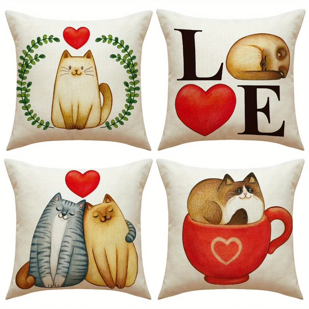 4pcs Cute Cat & Love Heart Throw Pillow Covers, Adorable Cat Couple & 