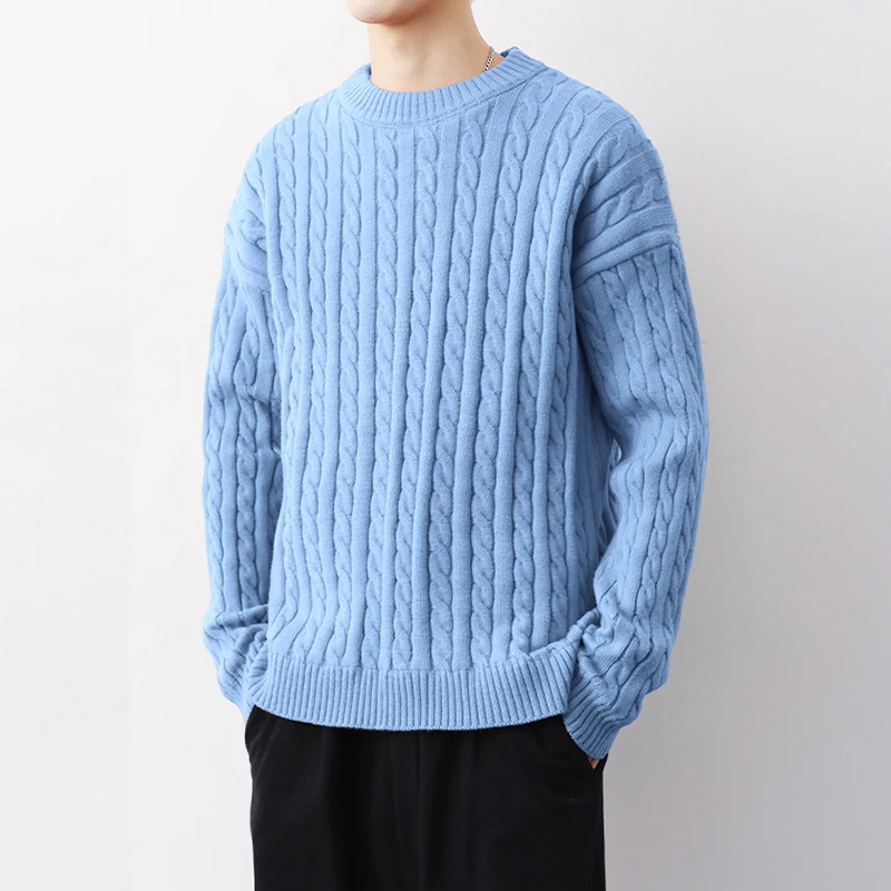 Cable Knit Sweater Men Chunky String Pullover Sweaters Men Autumn Winter Crewneck Pullover Sweaters Casual Warm Jumper