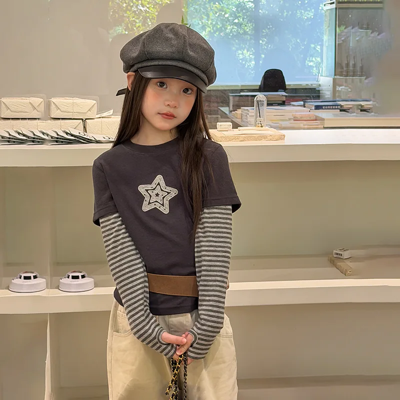 Girls T-shirt 2026 Autumn and Winter New Children's Clothing Korean Style Girl Baby Striped Stars Fake Two Bottoms